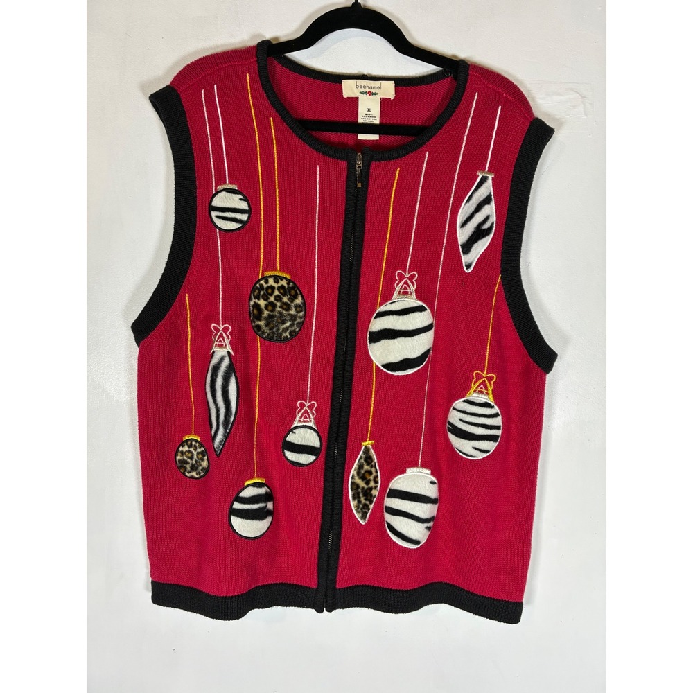 Bechamel XL Ugly Christmas Sweater Vest Red Zip Up Ornaments Print Novelty